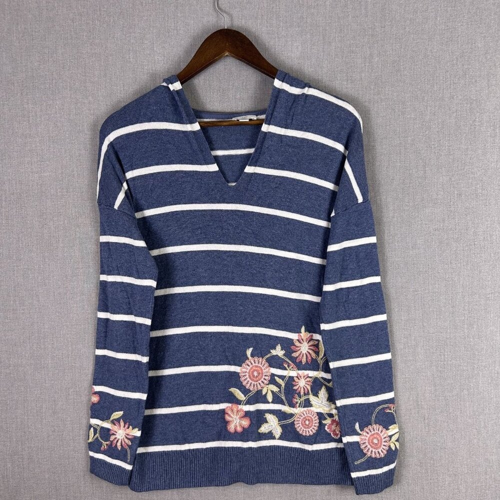 J. Jill Sweater Women’s X-Small Blue Striped Floral Embroidered Hooded Casual